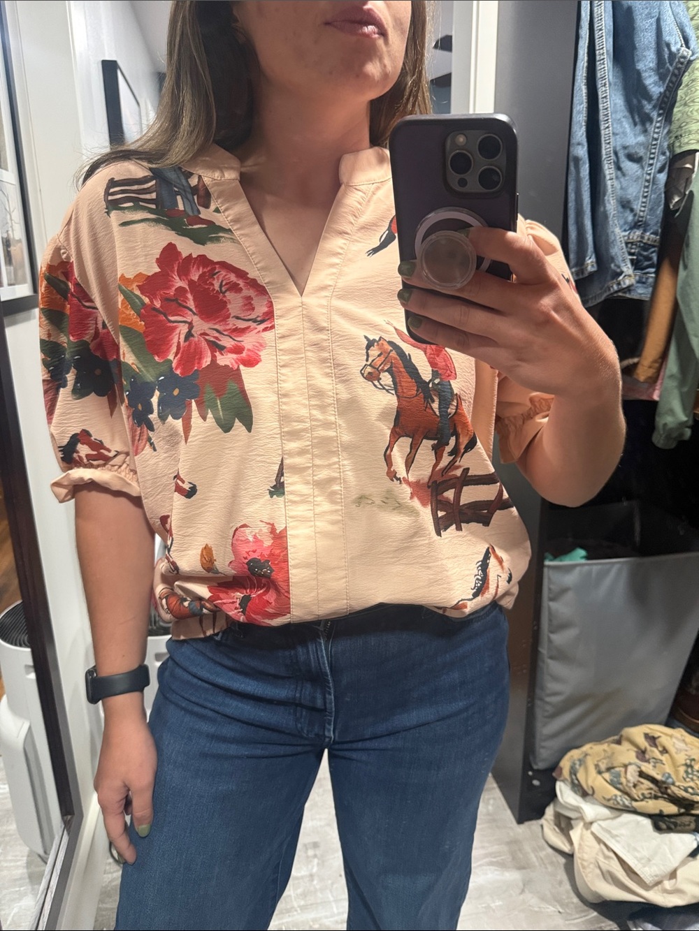 Peach Floral Western-Print V-Neck Women’s Top
